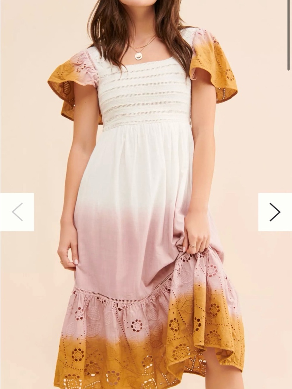 Anthropologie Cream to Dusty Pink Ombre Midi Dress with Eyelet Puff Sleeves